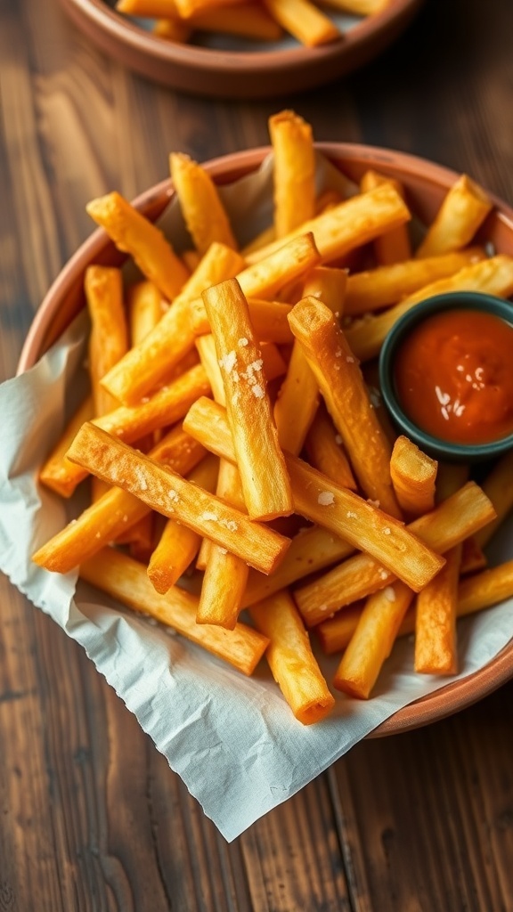 Crispy Air Fryer Frozen Yuca Fries Recipe Crispy yuca fries in a bowl with dipping sauce on a wooden table.